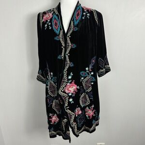 Johnny Was Silk Velvet Burnout Duster Kimono Sweater Jacket Boho Embroidery Sz S